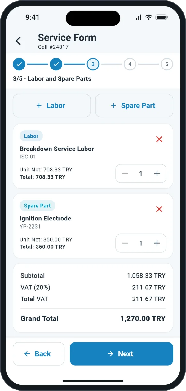 Ordox mobile app: service form screen with labor, spare parts and totals