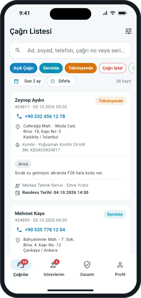 Ordox mobil uygulaması: çağrı listesi ekranı