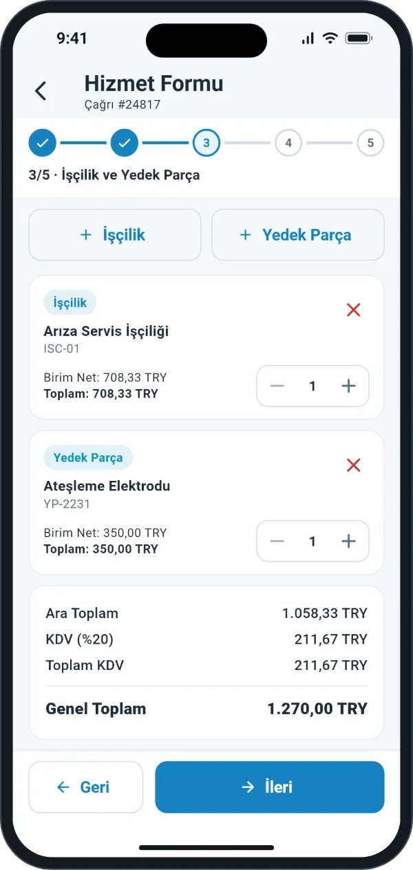 Ordox mobil uygulaması: işçilik, yedek parça ve toplam tutarı gösteren hizmet formu ekranı