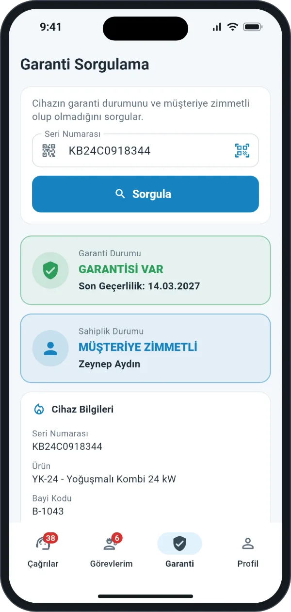 Ordox mobil uygulaması: seri numarasıyla garanti sorgulama ekranı