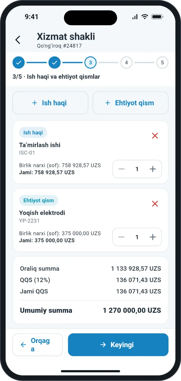 Ordox mobil ilovasi: ishlar, ehtiyot qismlar va jami summa koʻrsatilgan xizmat shakli ekrani